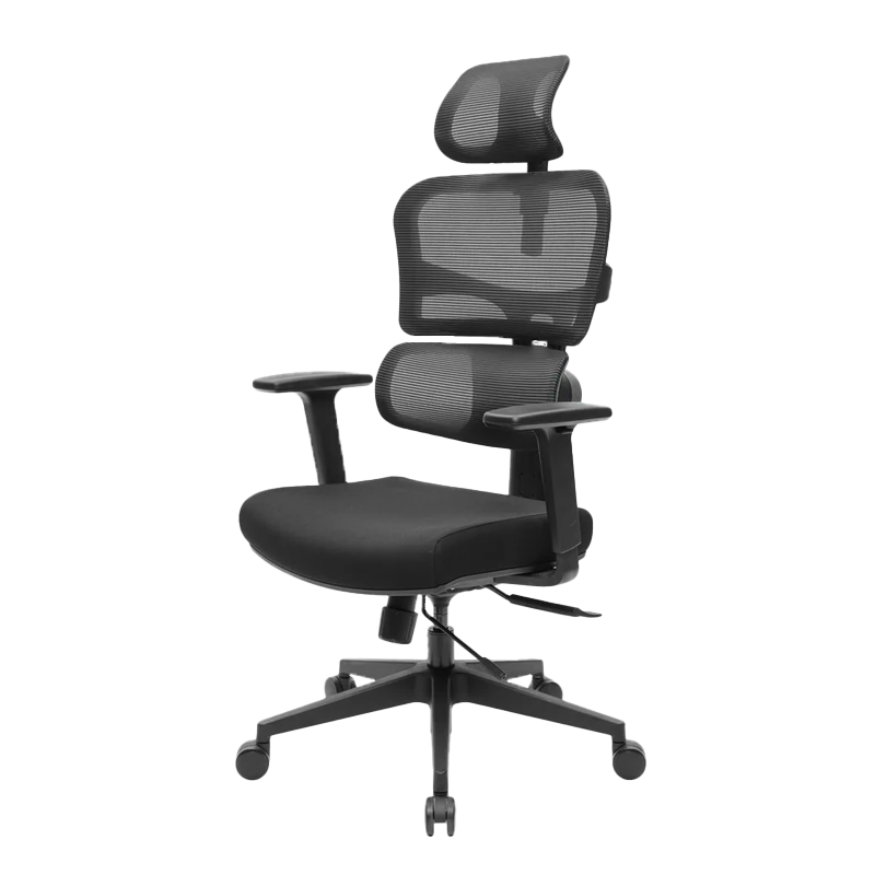Bureaustoel Serie 800 NEN, zwart onderstel, zwart stof zitting, zwart mesh rugleuning en hoofdsteun