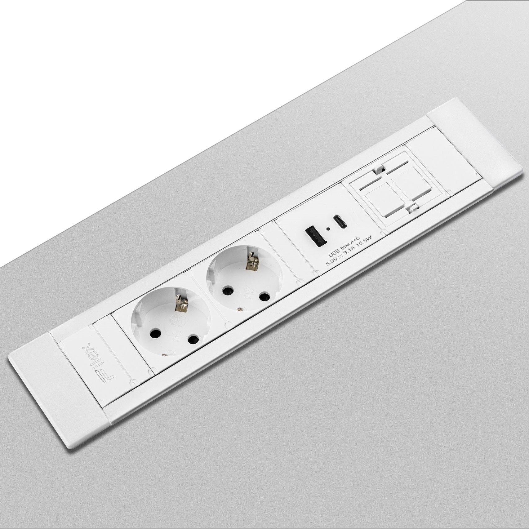 FLX Powerdesk insert, 2 x 230V + USB A + C Charger, wit/aluminium
