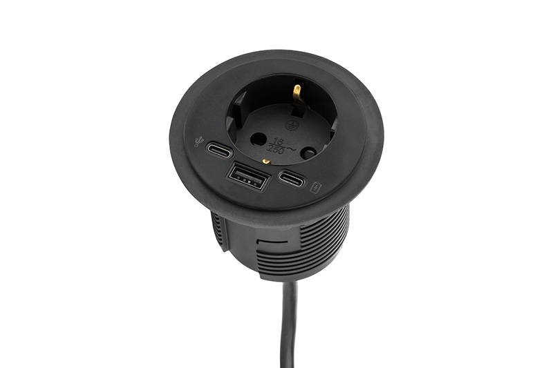Power Point, 1 x 230V, 1 x USB A+C opladen, 1 x doorvoer, schuko aansluiting, zwart
