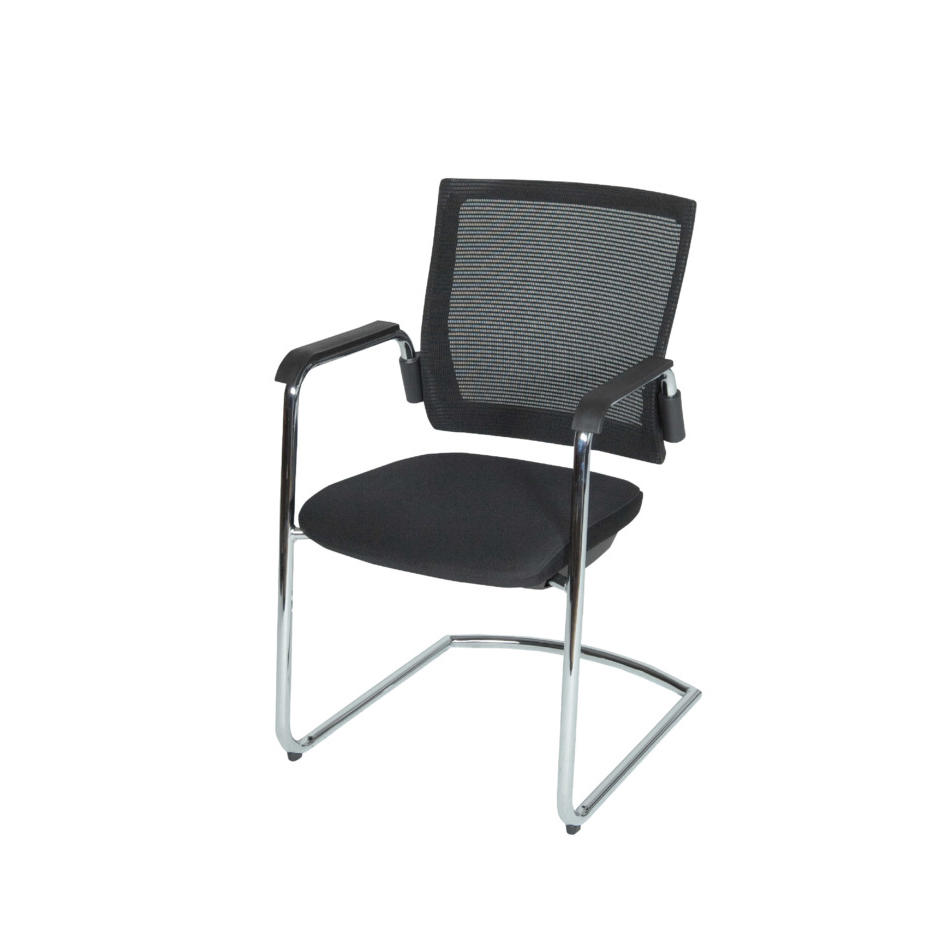 Conferentiestoel Serie 105, chroom slede frame, zwart stof zitting, zwart mesh rugleuning